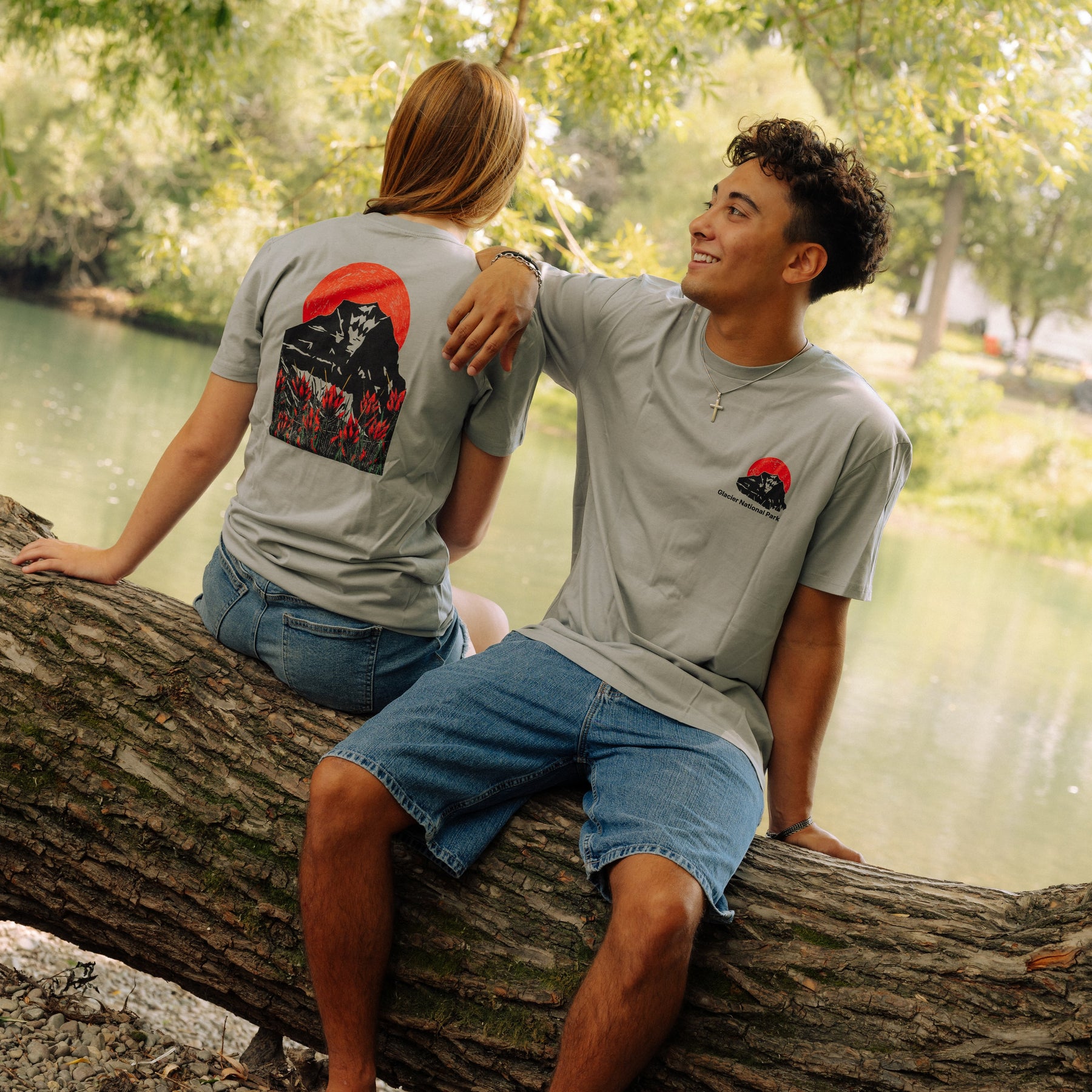Sunset Red Dot woodcut tee - front chest logo and full back print